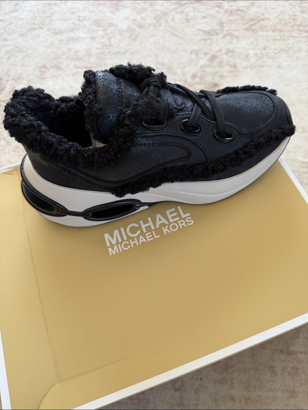 Michael Kors Toni Trainer Black Faux Shearling Lace-Up Sneaker